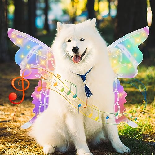 Pet Glowing Butterfly Wings Costume With LED Lights and Music - Electric Fairy Wings for Dog Halloween Cosplay Party Dress Up - Colorful Moving