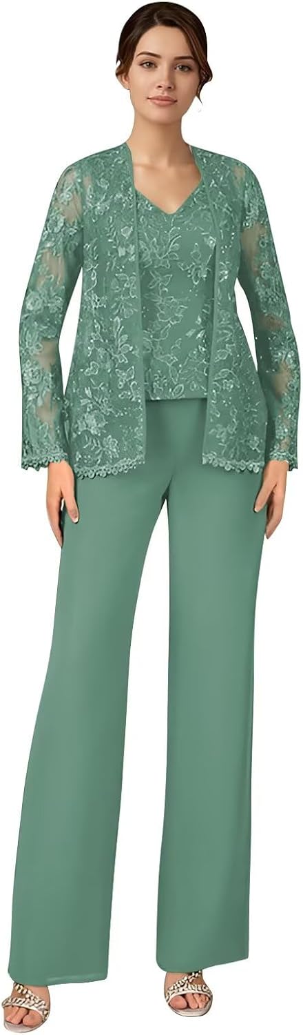 3 Pieces Lace Mother of The Bride Pant Suits Women's Long Sleeves Formal Pantsuits