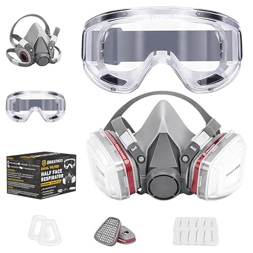 Image of BREATHOO Reusable Half Face Respirator Mask with Anti Fog Safety Goggles, AirGuard Dual Filter Face Cover for Painting, Spray Painting, Woodworking, Sanding, Workshop and General Maintenance Use (M)