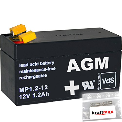 1x AGM 12V / 1,2Ah Blei-Akku - MP1,2-12 [ Faston 4,8 ] VDs geprüft - inkl. 2X Original Anschluß-Adapter