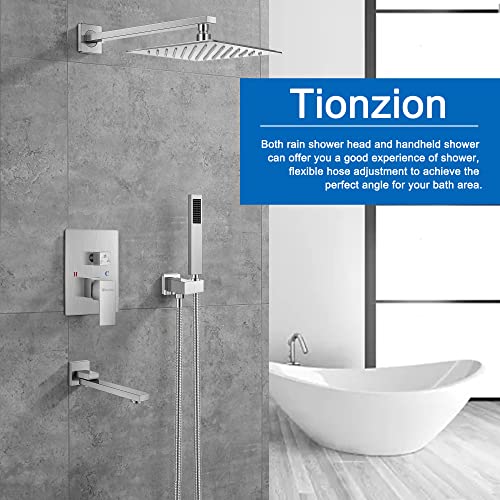 Shower System With Tub Spout, Shower Faucet Set, 10 Inch Bathroom Brushed Nickel Square Rain Shower Head With Handheld Spray Wall Mounted Rainfall Shower Fixtures (Contain Tub Spout) #TOP6