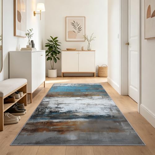 Tapis lavable en machine 80x200 bleu à poils courts doux et moderne