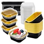 FORYNXHWIN 30Pcs Mini Cake Baking Cups with Lids and Spoons, 150ml Square Reusable Aluminum Foil Baking Cups, Small Loaf Pans Cake Boxes for Bread Dessert Wedding Birthday Picnic Party (Black Gold)