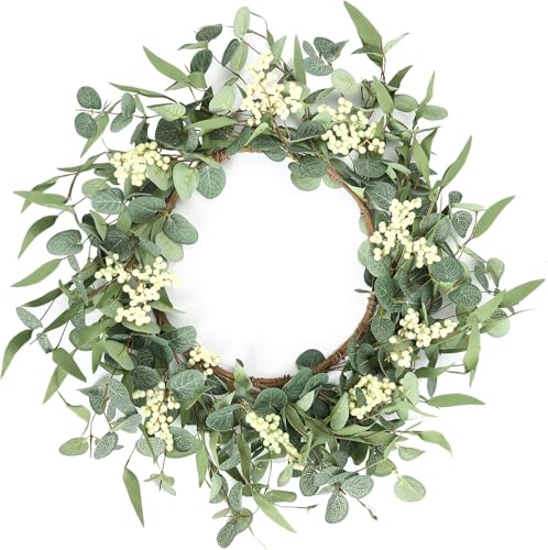 Inefaso - 22Inch Green Eucalyptus Wreaths for Front Door Spring Summer Wreath with Olives Leaves Mixed Berry for Indoor Outdoor Farmhouse Porch Wall Window Festival Wedding Decor