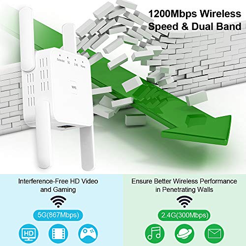 1200Mbps WiFi Booster Range Extender Repeaters, 2.4 & 5GHz Dual Band WPS Wireless Signal 4 Antennas 360° Full Coverage, Extend WiFi Signal to Smart Home & Alex Devices (White)
