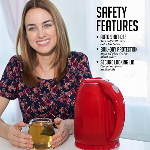 OVENTE 1.7L Double Wall Electric Tea Kettle, 1100W Water Boiler and Heater with Cool-Touch Exterior, Stainless Steel Insulated Interior, Auto Shut-Off, Boil-Dry Protection & Locking Lid, Red KD64R