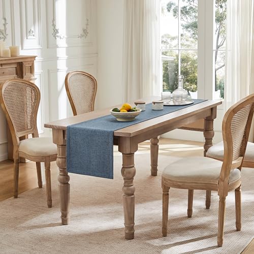 Image of ZeeMart Burlap Style Farmhouse Table Runners 90 Inches Long, Blue Rustic Woven Dining Table Runner for Everyday Use, 14x90 Inches, Blue