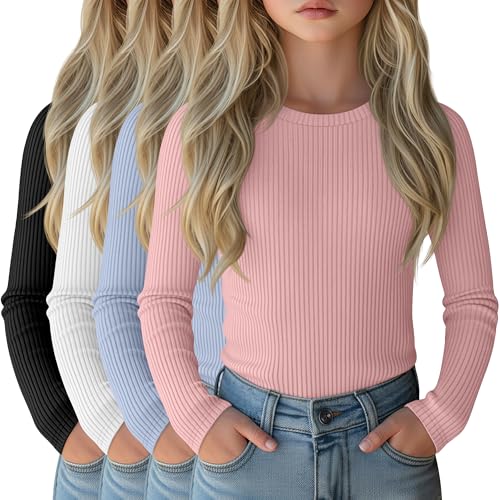Image of 4 Pack Girls Long Sleeve Shirts Ribbed Knit Cotton Crewneck Tops Slim Fit Soft Casual Kids Base Layer Undershirts