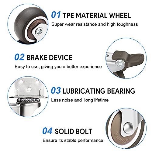 4 L-förmige Rollen für Möbel, 50mm Lenkrollen mit Bremse | 30 Schrauben | 360° Drehbar Möbelrollen,Transportrollen Schwerlastrollen(2 Lenkrollen,2 Bremsrollen) für Krippen,Möbel,Blumenständer