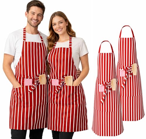 IBEX Polycotton Stripe Butcher Bib Apron with Pocket, Professional Home Kitchen Apron for Restaurants, Bar Staff, Chefs, Waiters, Caterers, Baking - Red/White Stripe - Pack of 2