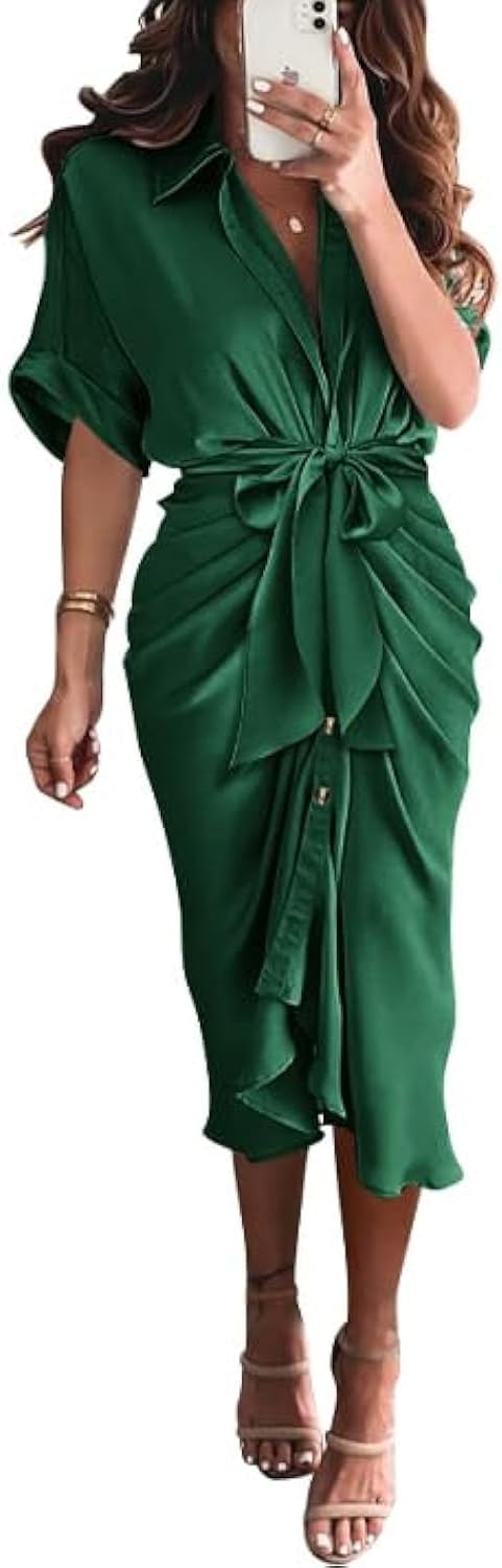 BTFBM Women Button Down Ruched Shirt Dresses Satin Short Sleeve Lapel V Neck Summer Maxi Dress 2025 Party Wedding Guest