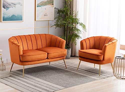 Artechworks Modern Velvet Barrel Chair Accent Armchair With Golden Legs For Living Room Bedroom Home Office, Channel Tufted Back Club Chair, Orange Caramel Color #TOP2