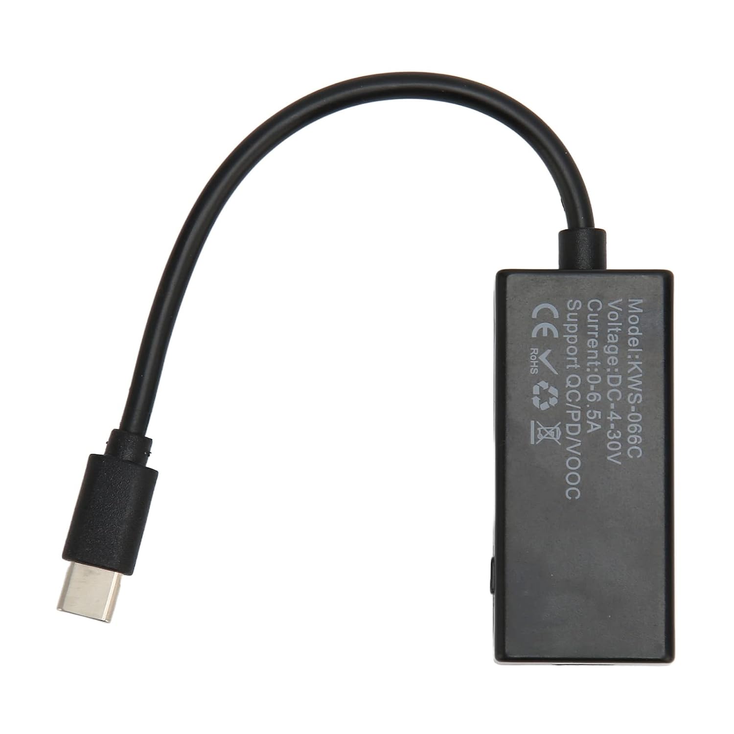 Naroote KWS 066C USB C Power Tester back view showing model number KWS-066C, voltage range DC 4-30V, current range 0-6.5A, and support for QC/PD/VOOC.