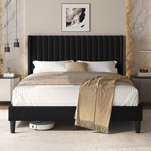Image of Yaheetech Queen Bed Frame with Headboard, Black Channel-Tufted Platform