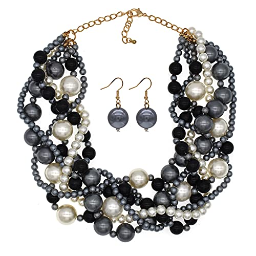 Collar de perlas de imitación grises de 10 mm con cuentas de tres vueltas de 90 cm para mujer