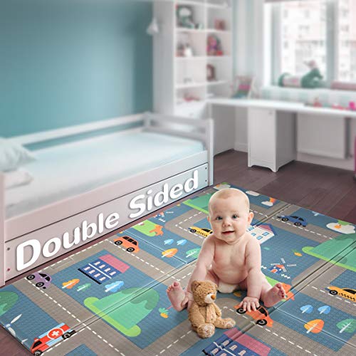 Baby Reversible Play Mat 78.7inchx 59inchx0.4inch Double-Sided Crawling Mat Foldable Waterproof Non-Toxic Portable BPA Free Floor Mat for Toddlers, Infants, Kids (Road of City)