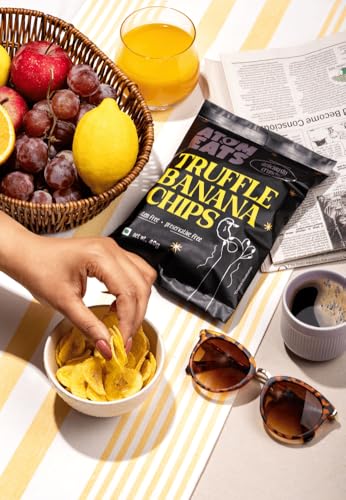 Image of Atom Eats | Truffle Banana Chips & Truffle Potato Chips Combo - (Pack of 4) 40g Each | Black Truffle & Cheese Flavor | Crunchy Gourmet Snacks for Parties, Drinks, Tea & Coffee | Imported Quality