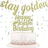 Happy Birthday Cake Topper, Golden Birthday Party Decorations Stay Golden Glitter Banner Girls Party Supplies Gifts Hanging Garland for Boys Girls Baby Shower