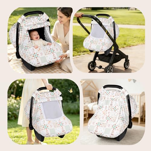 Image of SWESEN Car Seat Cover Baby, Summer Carseat Covers Baby Girl, Soft carseat Canopy Snug Fit Baby Stroller, Dual-Layer Protection, Cooling Mesh & Roll-Up Sun Shade, Elephant
