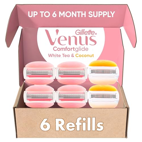 Image of Gillette Venus ComfortGlide White Tea 4 count, with Gillette Venus ComfortGlide plus Olay 2 count, Women's Razor Blade Refills