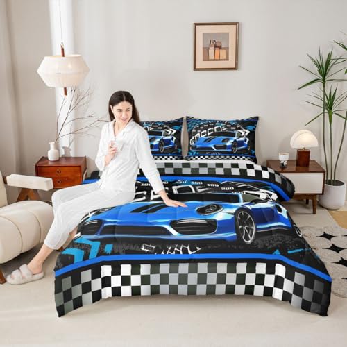 Image of Feelyou Blue Race Car Comforter Set Toddler Size Sports Car Bedding Set for Kids Boys Car Sports Comforter Geometric Checkered Extreme Sports Inner Fill Duvet Set 1 Comforter Set with 1 Pillowcase