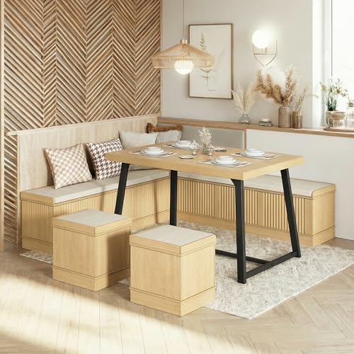 Brafab Corner Dining Table Set 43 Inch Breakfast Nook Table Set with Bench with Hidden Storage & 2 Ottomans 5-Piece Corner Bench Dining Table Set Natural