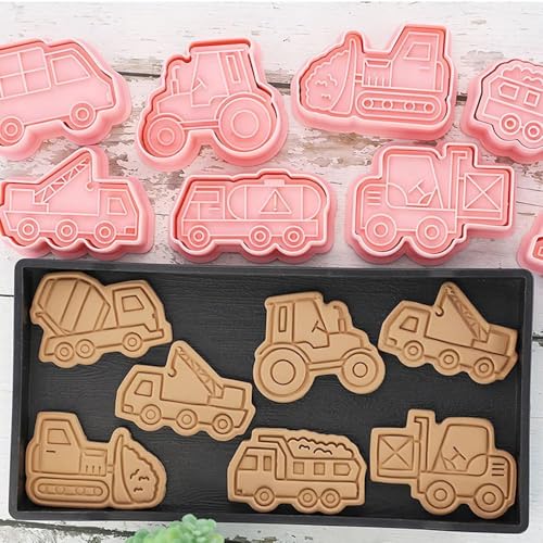 Pofflujent Transportation Vehicle Cookie Cutters with Plunger Stamper 8 Piece Construction Vehicles Cookie Cutters Set Car Cookie Mould Set for Party Baking and Decoration (Engineering Vehicles) by Pofflujent - Image 4