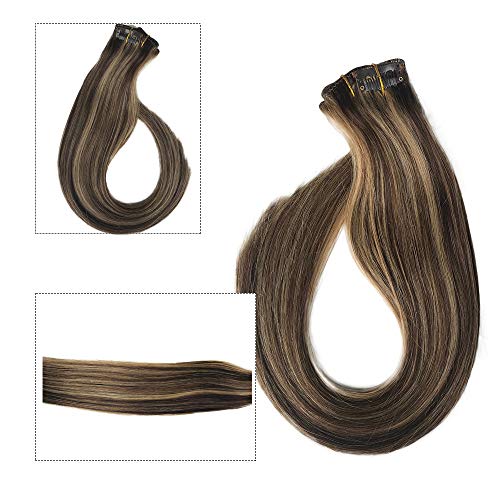 Clip In Hair Extensions Human Hair Brown Clip On For Fine Hair Full Head 7 Pieces 15 Inch Silky Straight Weft Remy Hair (15 Inches, 4-27) #TOP6