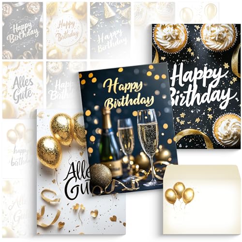 beriluDesign 20 Birthday Cards Set with Envelopes - Greeting Cards, Postcards for Birthday - Happy Birthday Cards - Ideal as a Greeting Card or Voucher (20 Cards + 20 Envelopes)