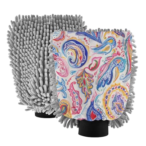 ALAZA Paisley Crayon Drawing Car Wash Mitt Scratch Free, 2 Pack Absorbent Microfiber/Chenille Washing & Drying Mitts, L