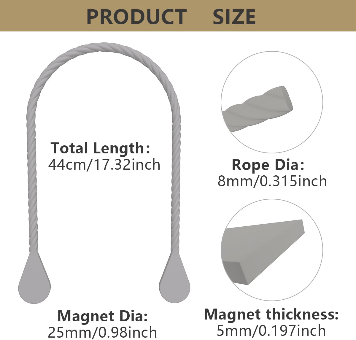 2PCS Silicone Magnetic Curtain TieBacks, Minimalist Curtain Holdbacks for Window Decor, Tie Backs for Bedroom Decor,Officeroom Decor, Securing Straps for All Types of Drapery (Grey)