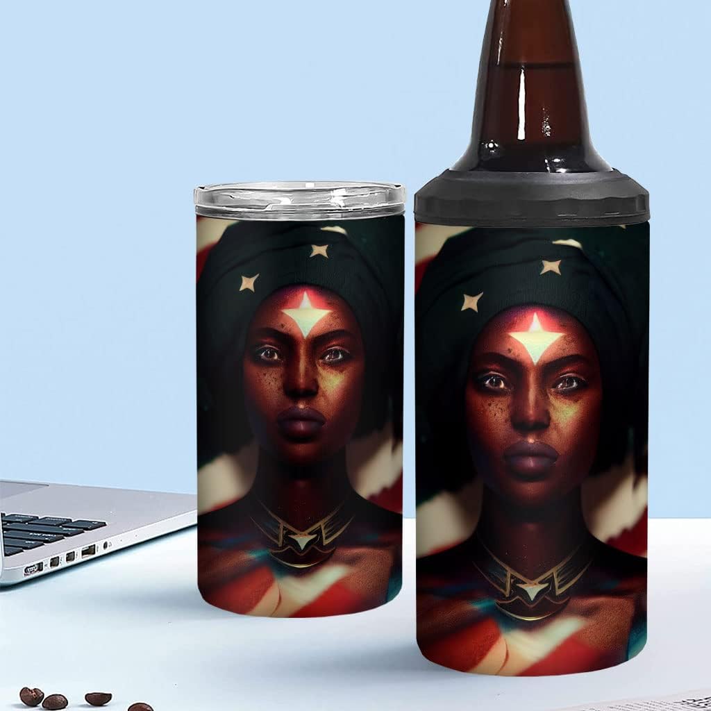 Girl Warrior Insulated Slim Can Cooler - USA Flag Can Cooler - Cool Graphic Insulated Slim Can Cooler