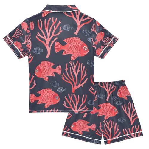 senya Red Fish Coral Satin Summer Pajama Sets Silk Short Sleeve Button Down Sleepwear2