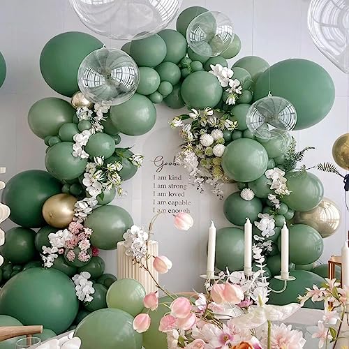 Image of 412pcs Sage Green Balloon Garland Arch Kit 18 12 10 5 Inch Different Sizes Matte Latex Olive Balloons for Baby Shower Birthday Wedding Jungle Dinosaur Summer Theme Party Decoration