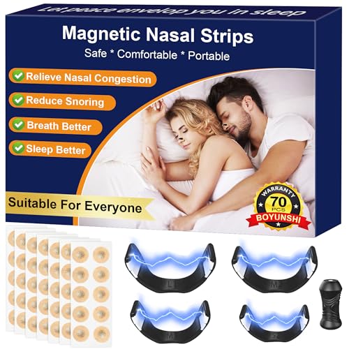 Magnetic Nose Strips, BOYUNSHI 70Pcs Nasal Strips for Breathing, Anti-Snoring Sleep Nose Strip, Comfort-Fit Skin-Safe Improve Sleep Quality Anti Snoring Devices Snoring Aids for Men & Women, 4 Size