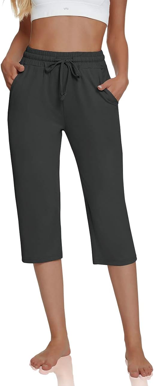 UEU Women's Comfy Drawstring Yoga Capri Pants Loose Workout Sweatpants Wide Leg Lounge Pants with Pockets : Clothing, Shoes & Jewelry