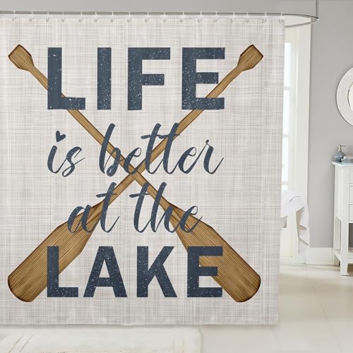 Lake Life Shower Curtain,Life is Better at The Lake Themed Bath Curtain for Kids Boys,Oars Paddle Retro Rustic Farmhouse Waterproof Bathroom Curtain with 12 Hooks Suit, 72Wx72L inch