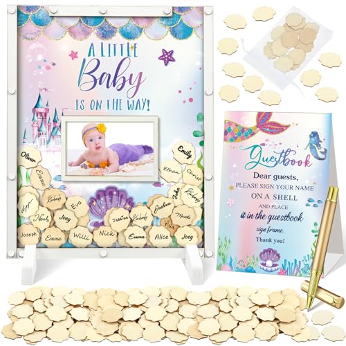 Image of Beeveer 65 Pcs Mermaid Baby Shower Guest Book Alternatives Sea You Soon Baby Shower Decorations Under The Sea Sign in Guest Book with Picture Frame and 60 Wooden Chip Mermaid Party Favors