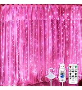 SINAMER Pink Curtain Light for Bedroom, 300 LED 9.8ft x 9.8ft Window Fairy Curtain String Light w...