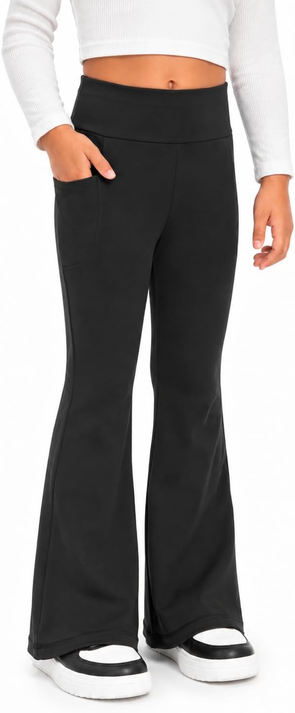 Girls Leggings Bell Bottom High Waisted Yoga Pants Dance Trousers with Pockets