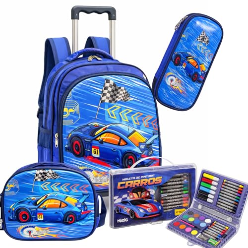 Kit Mochila Infantil Menino com Rodinhas Lancheira Termica Estojo Inclui Kit Escolar de Pintura (Carros 3D)