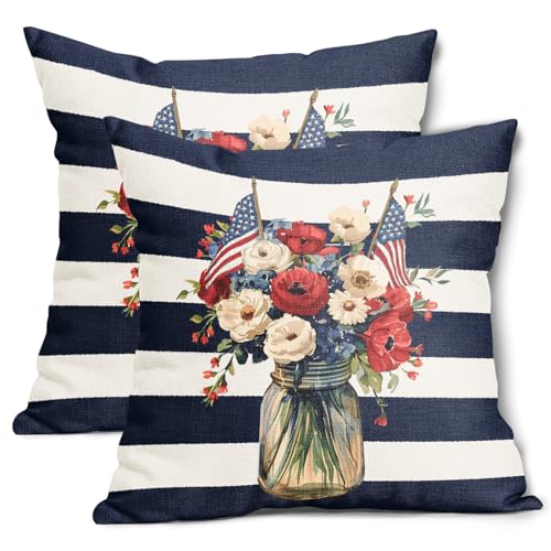 Patriotic 4th of July Flower Stripes Pillow Covers 20x20 Inch Independence Memorial Day American Flag Decorative Throw Pillow Case Cushion Cover Set of 2 for Bedroom Sofa Living Room Couch Chair