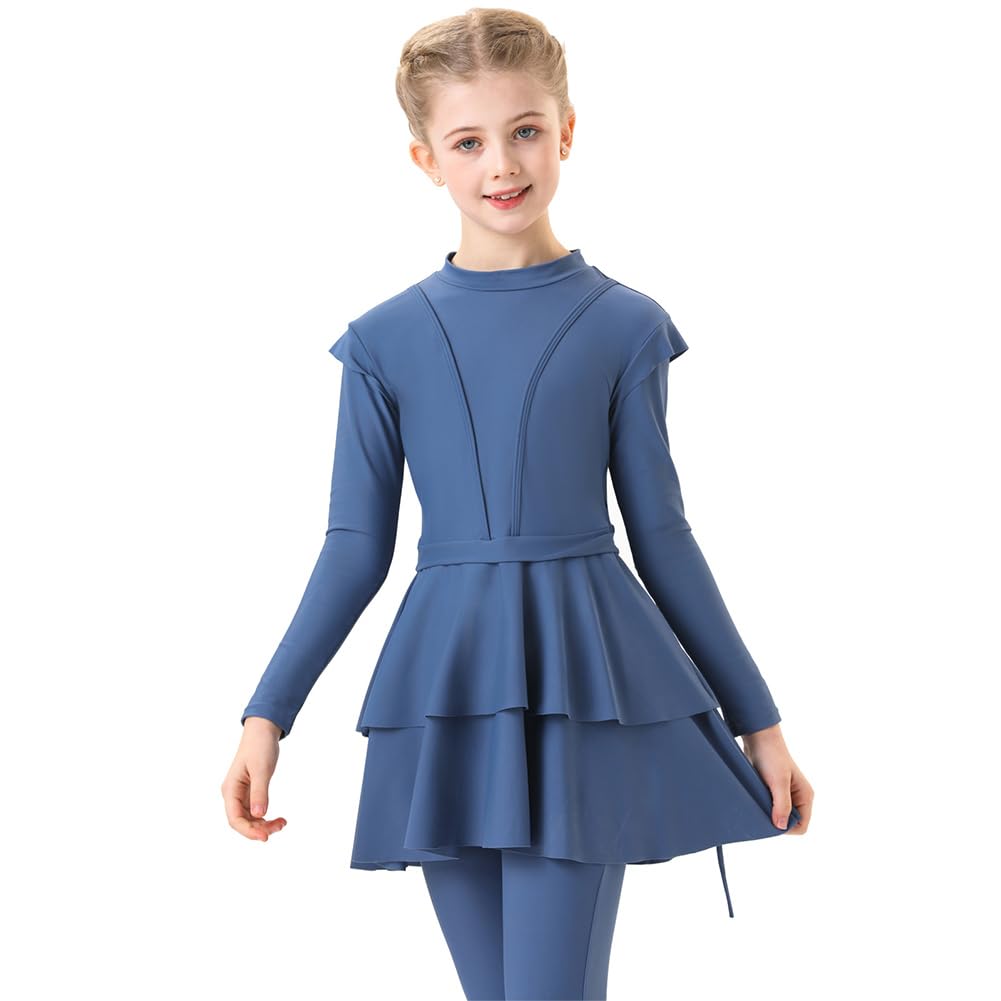 IMEKIS Maillot de bain 3 pièces pour fille musulmane à manches longues avec hijab couverture complète rashguard tankini à volants pour l'été