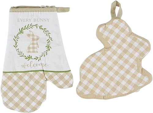 Miniatura 2 de Juego de manoplas de cocina de primavera de Pascua, soporte para ollas, 5c colorido floral Pascua cada conejito Bienvenido Gingham Border Design