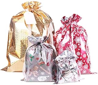 40 Pack Christmas Gift Bags,Santa Wrapping Bag in 4 Sizes and 4 Designs with Inserted Drawstring Ribbons and Tags for Wrapping Holiday