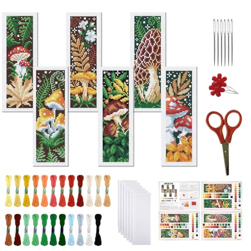 FREEBLOSS Juego de 6 marcapáginas de punto de cruz para adultos principiantes, kit de marcapáginas de bordado con estampado de hongos, kits de punto de cruz con instrucciones (idioma español no