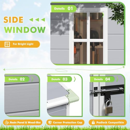 Image of Devoko 6 x 4 FT Plastic Outdoor Storage Shed with Floor, Resin Garden Shed with Window, Outside Waterproof Tool Shed with Lockable Door for Backyard, Patio, Poolside, Light Grey