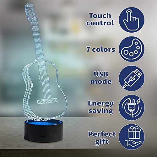 3D Illusion Night Light Lamp - Guitar Decor 3D Illusion Lamp With Usb Port 7 Color Changing Lamp Led Night Light - Musical Lights Instruments Party Decoration Touch Lamp Gifts For Guitar Lovers #TOP4