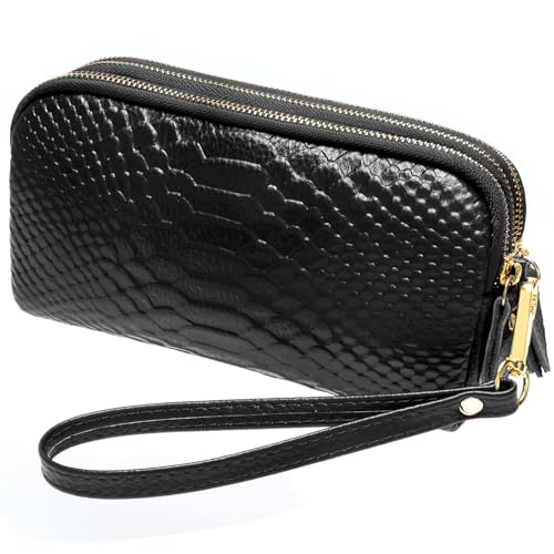 Portefeuille en cuir véritable femme ICOLRAE chic à 3 poches zippées