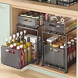KATLKIU Set di 2 Organizer Sottolavello con Cassetti Estraibili – Scaffale da Cucina Regolabile in Altezza in Acciaio al Carbonio, Stabile e Antiscivolo, Portaoggetti per Cucina, Bagno e Dispensa